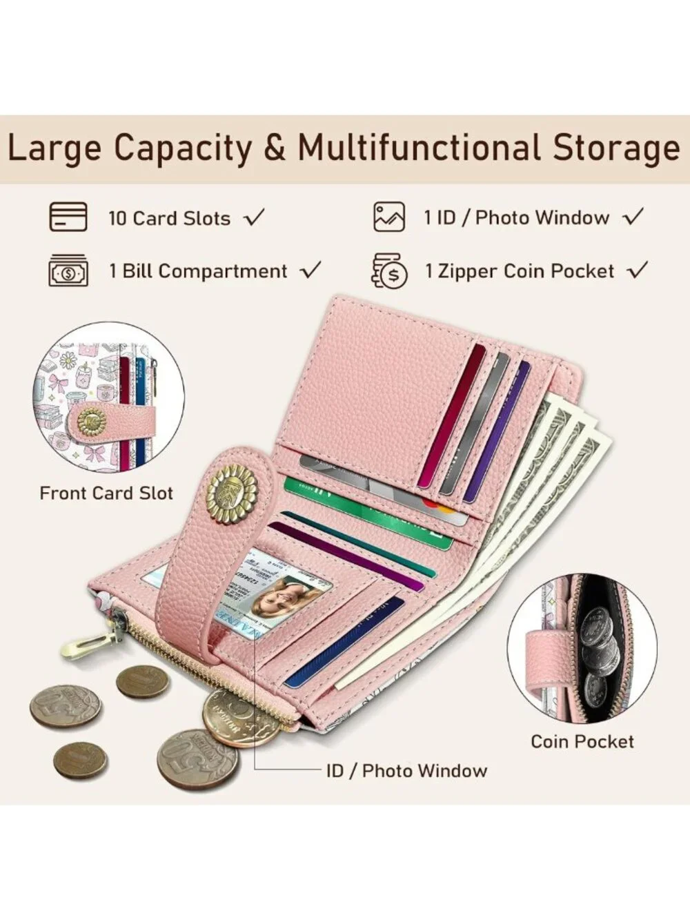 Chic RFID Wallet for Book Lovers | Compact Bifold Zipper Coin Pocket | 10 Card